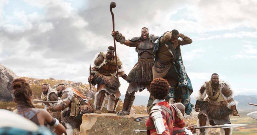 Winston Duke (at centre) as M’Baku in Black Panther. © Marvel Studios 2018